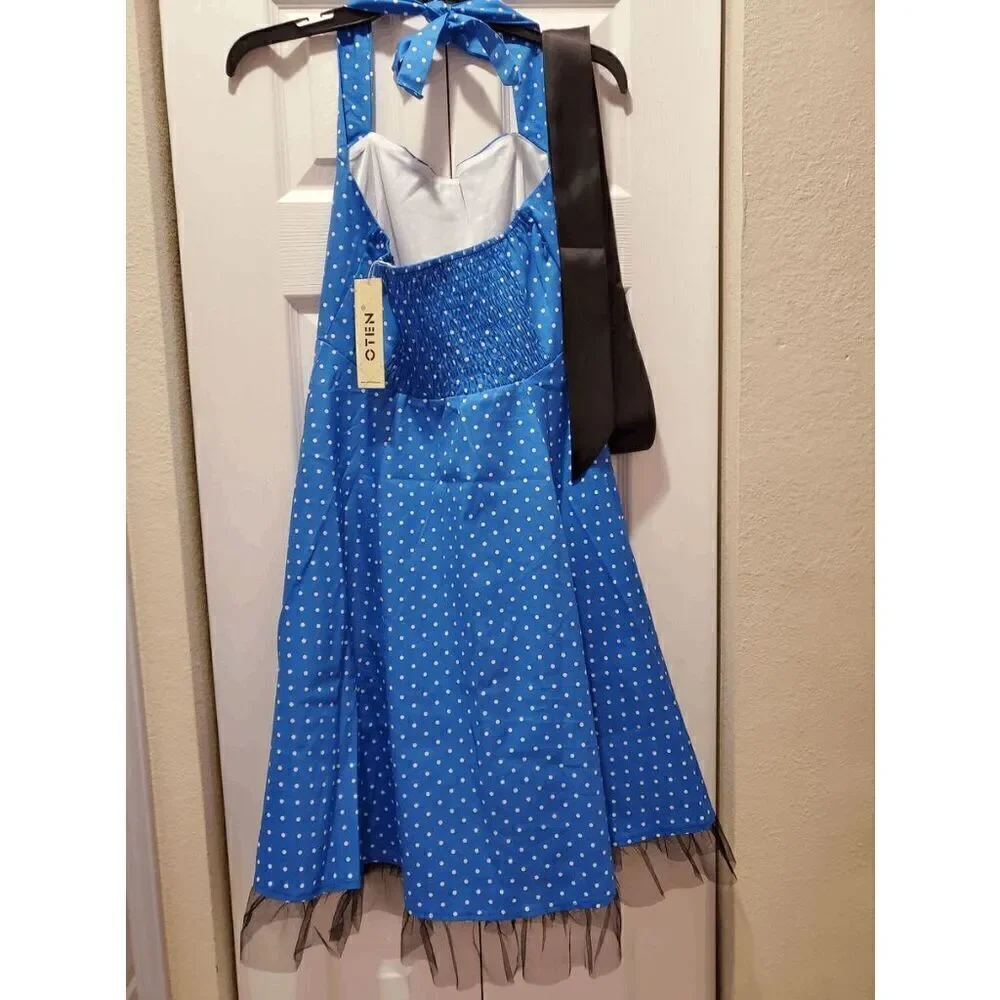 💙 NWT Pinup Retro 1950s Blue Polka Dot Tulle Hem Halter Tea Dress with Belt M - Picture 10 of 14